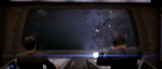 The Enterprise viewscreen gets blown out.